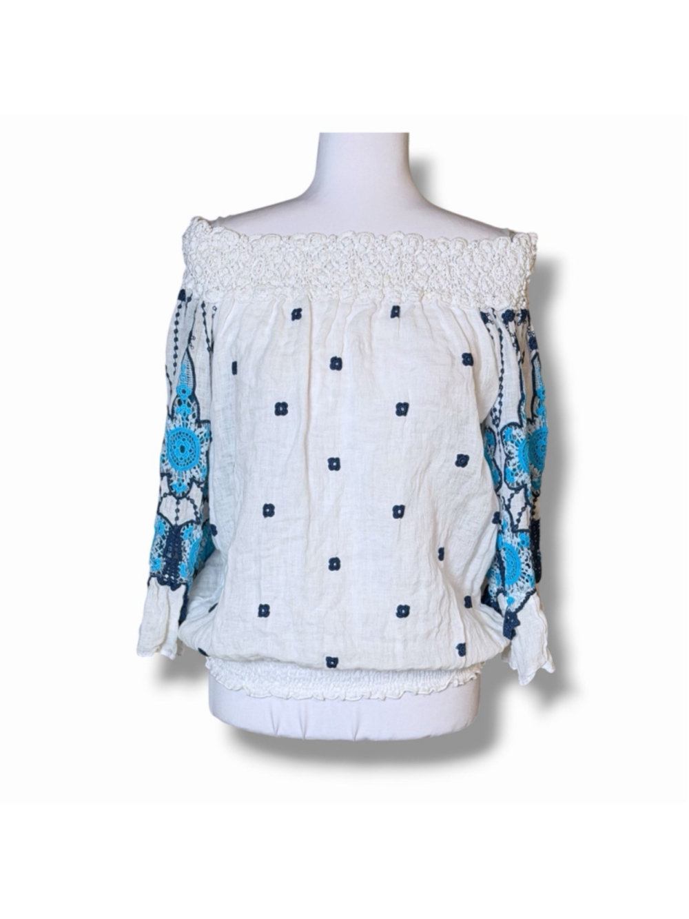 Temptation Positano Vercelli Linen Off Shoulder Floral Top L Crochet Bell Sleeve